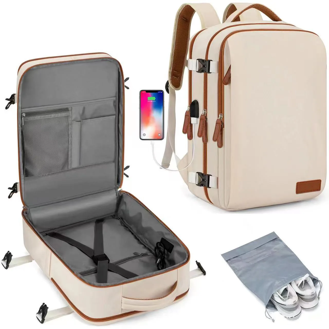 Cabin Approved Travel Backpack 40x20x30cm, Waterproof Expandable Weekender, Carry-On Laptop Bag with USB Port for Women & Men