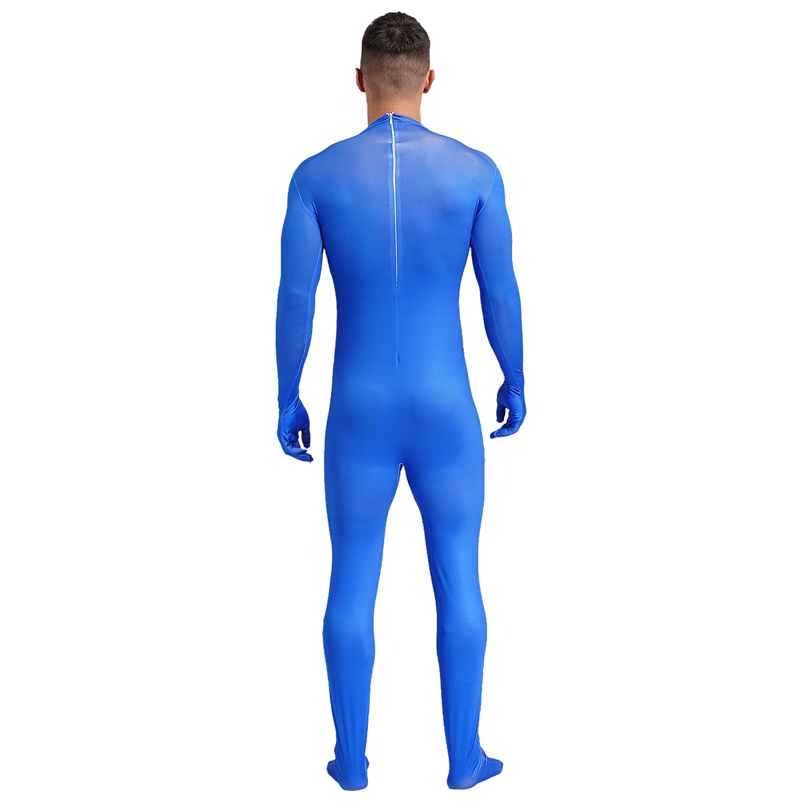 Men\'s Solid Color Mock Full Body Cover Zentai Full Fingers One Piece Footed Bodysuits Stretchy Dance Jumpsuits