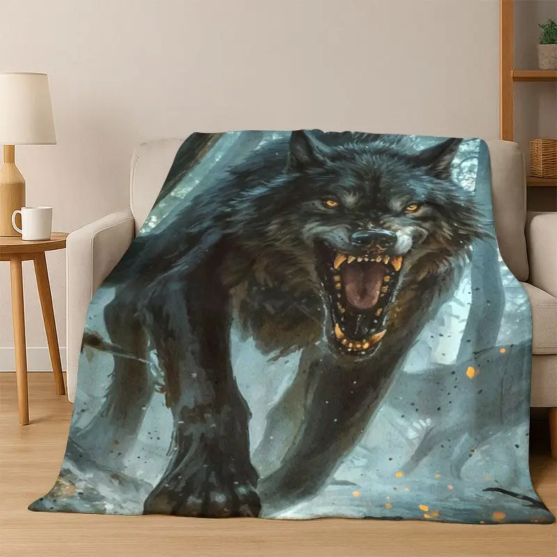 Viking Wolf Fenrir Cartoon Flannel Blanket Soft Warm Throw Blanket for Bedroom Living Room Bed Travel Camping Picnic Gift