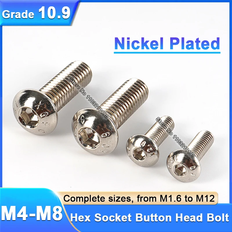 

5pcs M4 M5 M6 M8 Nickel Plated Grade 10.9 Steel Hexagon Hex Socket Head Button Mushroom Allen Bolt Cap Screw Length 5-50mm