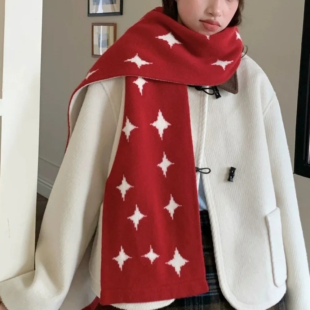 

Korean Style Star Pattern Neckerchief Soft Thickened Women Winter Scarf Windproof Double Side Cashmere Knitted Shawl Daily