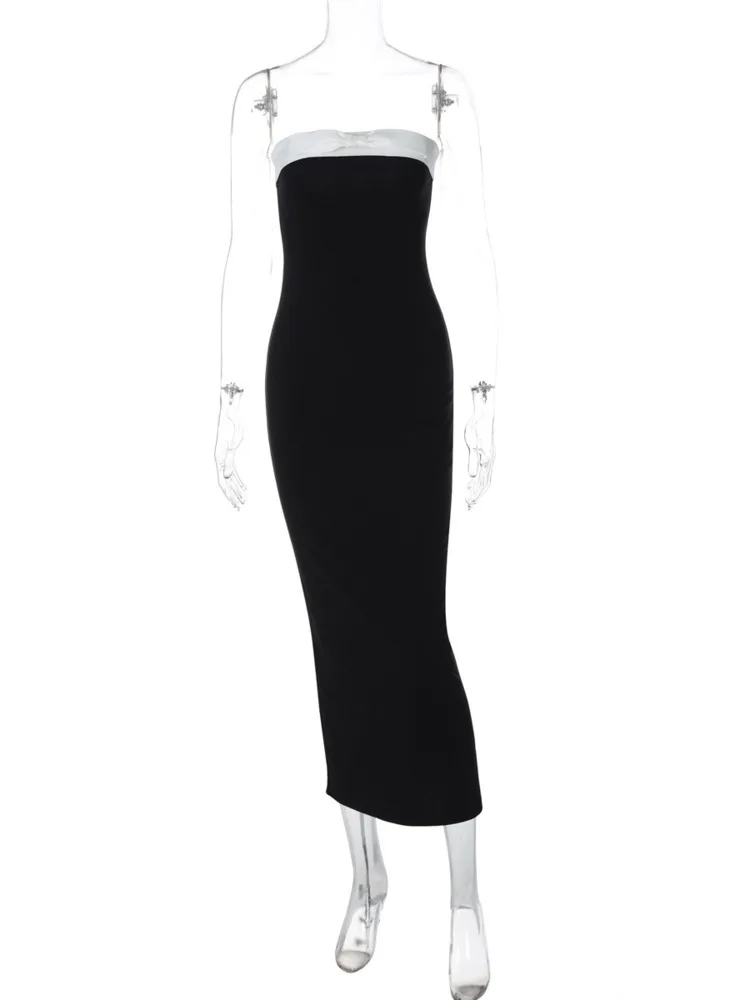 Mozision Off-shoulder Strapless Backless Sexy Maxi Dress For Women Patchwork Sleeveless High Waist Bodycon Split Long Dress