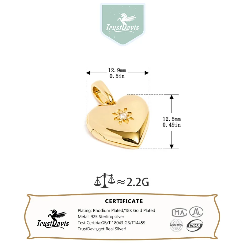 TrustDavis 925 Sterling Silver Fashion Heart Photo Locket Pendant for Women Men Jewelry Gift DA490