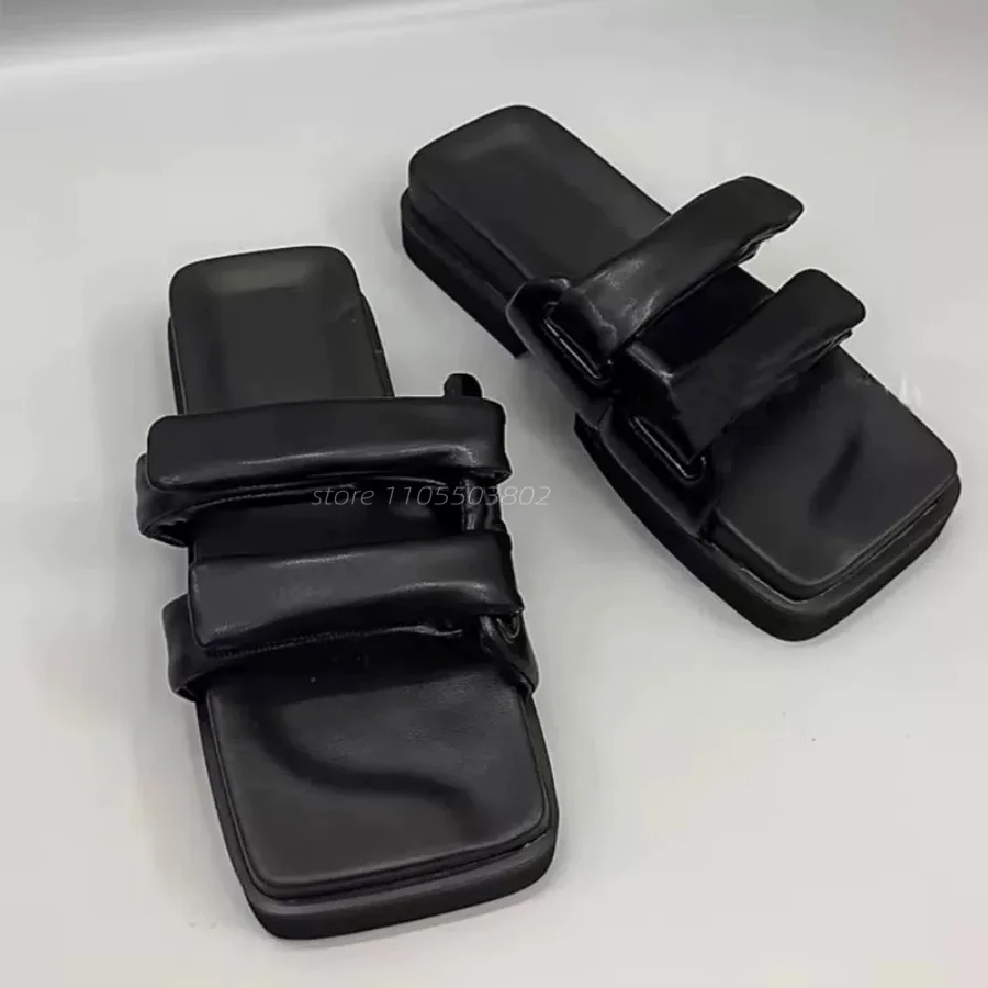 Women Soft Padded Leather Double Strap Slide Sandals Square Toe Platform Flat Slippers Summer Casual Outdoor Walking Daily Shoes