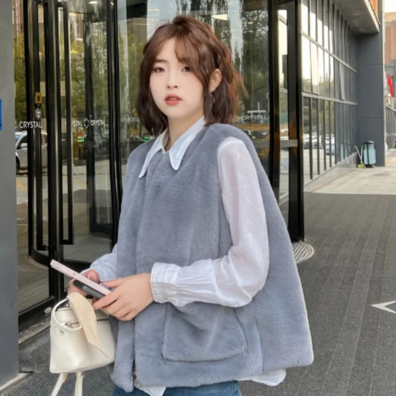 Jacket Coat Waistcoat Vest Women's Autumn/Winter Melange Faux Fur Quilted Zip Pockets Mid-Length New Comfortable Niche Elegant