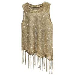 Sexy Shiny Gold Silver Knitted Tank Tops Women Bling Bling Sequined Tassels Knitted Vest  All Neon Store Clothes  Korean