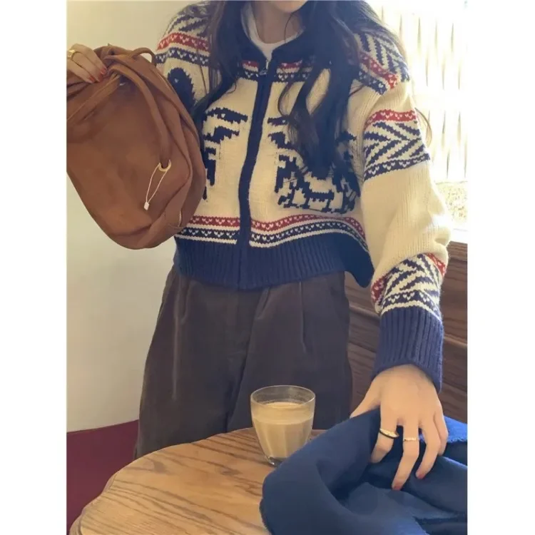 Fashion Vintage Zipper Sweaters Coats 2024 Autumnn New O-neck Knitted Cardigan Y2k Grunge Long Sleeve Cardigans Mujer