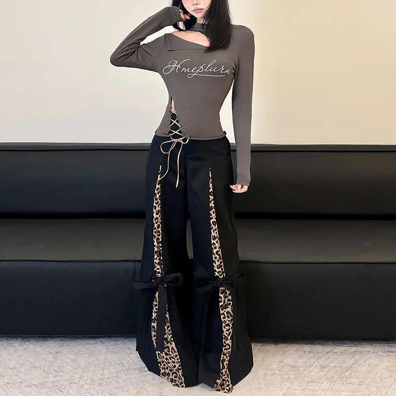 European and American Style Autumn New Women's Clothing Tear Irregular Opening Design Top Leopard Print Casual