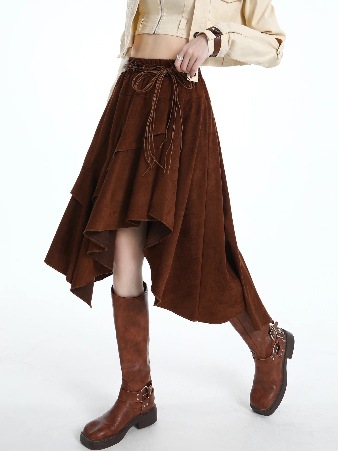 

High Waist A-Line Midi Skirt Irregular Suede Women Spring Vintage Lace Trim Commute Korean Sle Non-Sink Polyester Fiber