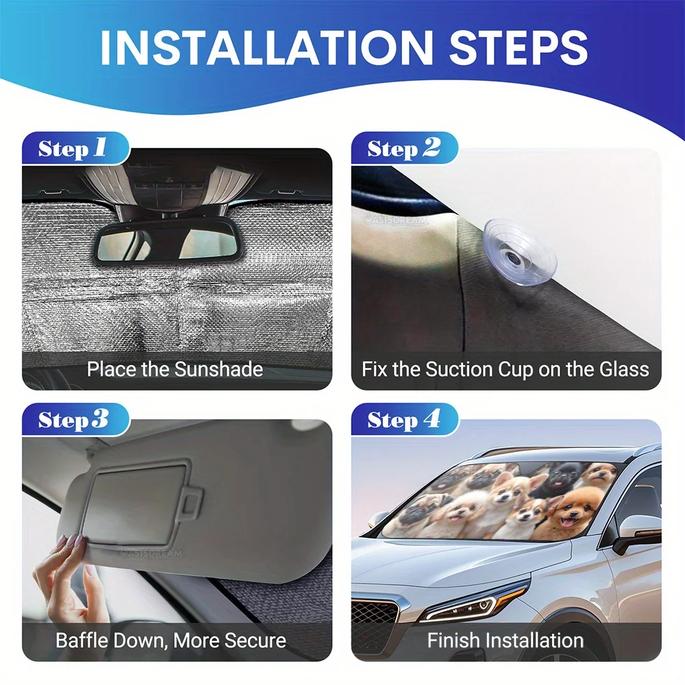 1 قطعة 57 "X 27.5" مظلة زجاج السيارة الأمامي مع 4 أكواب شفط مجانية، تصميم الكلاب الصغيرة، مظلة شمسية للزجاج الأمامي لسيارات شاحنات الدفع الرباعي، Pro #5