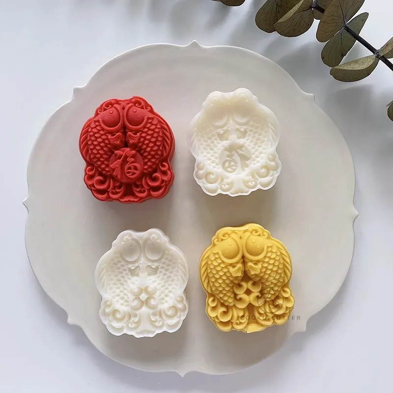 2Pcs/Set 75g Novel Mid-Autumn Mooncake Pressed Mold Chinese Character Style Fish Shape Blessing Pattern Cookie Pastry Stamp Tool