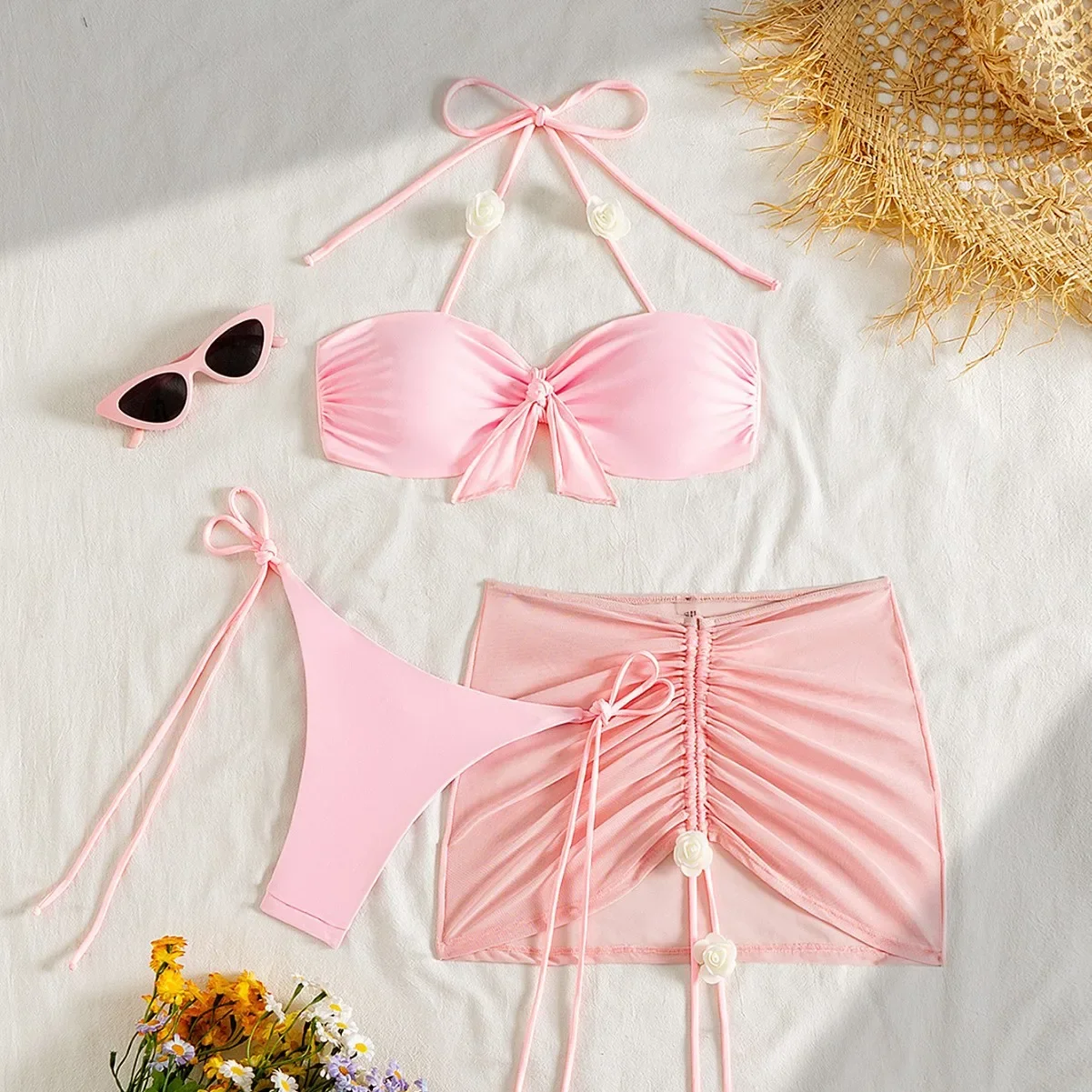 

3PCS with Skirt 3D Flowers Halter Bikini Female Swimsuit Women Solid Swimwear Three-pieces Bikini Set Bather Bathing Suit Swim