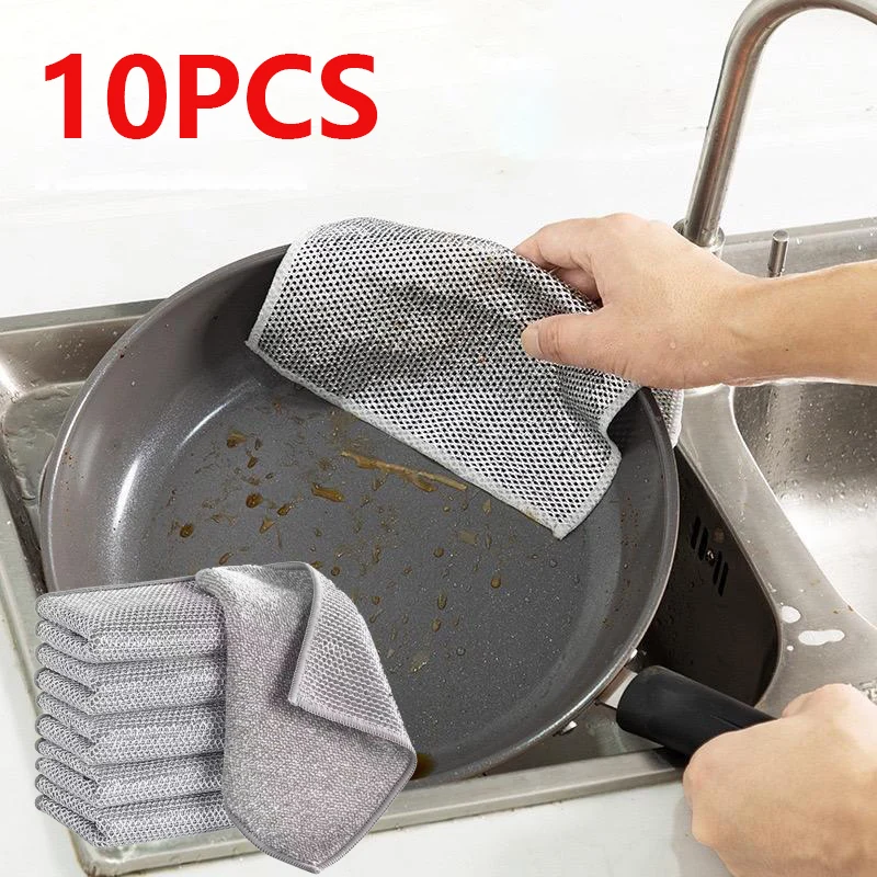 

10pcs Magic Dishcloth Silver Wire Cleaning Kitchen Cloth Thickened Microfiber Wash Towel Built-in Sponge Steel Wire Ball Rag