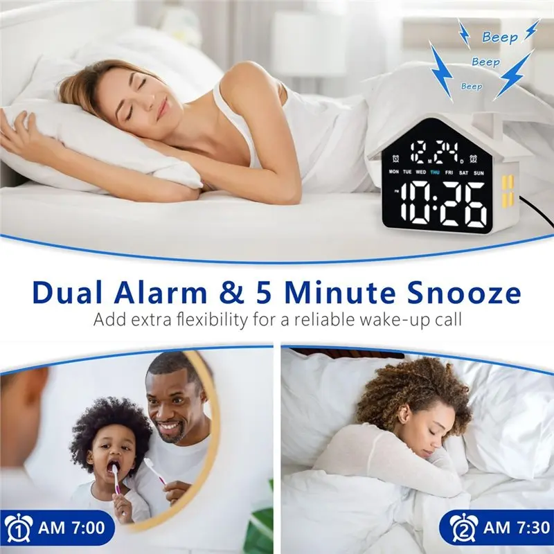 ABKP-Digital Alarming Clock, Bedroom Clock With Date And Week Indicator, Double Alarm, Dimmer And Ambient Light