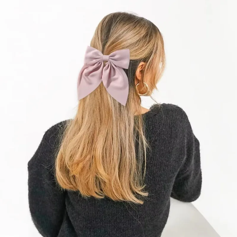 Elegant Bow Ribbon Hair Clip Fashion Simple Solid Satin Spring Clip Hair Pin Retro Headband with Clips Girls Hair Accessories