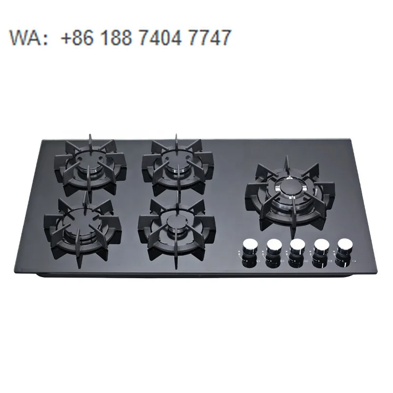 Black Tempered Glass 5 Burner Built-in Gas Hob, High Efficiency, Easy to Clean, for Home Kitchen