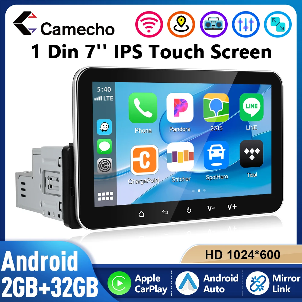 Camecho-reproductor Multimedia Universal para coche, Radio de 7 pulgadas, 1 Din, Carplay, Android, 2 + 32G, FM, Bluetooth, GPS, WIFI, MirrorLink