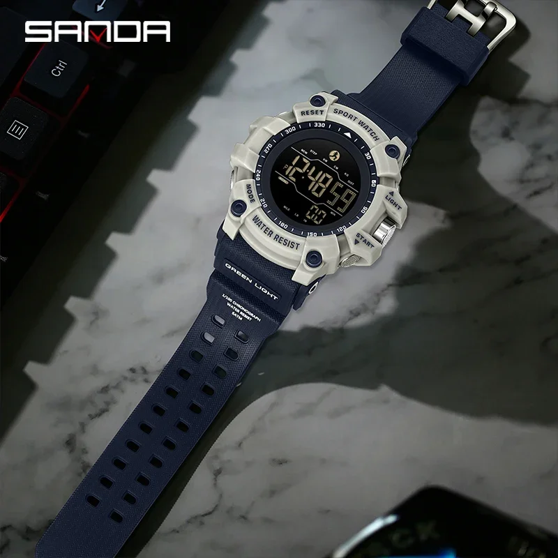 SANDA ساعات إلكترونية كلاسيكية للرجال مقاومة للماء، قرص كبير عصري، متعدد الوظائف، عد التاريخ، ساعة رياضية