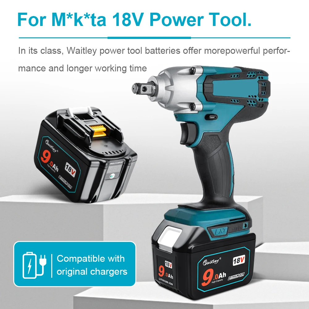 Waitley WTL1890 18V 9Ah 리튬 이온 충전식 배터리 Makita 18V 리튬 이온 무선 전동 공구 배터리