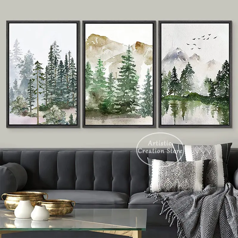 Sage Green Forest Mountain Nature Landscape Poster Prints Canvas Painting Minimalist Modern Art Wall Woodland Nursery Room Decor