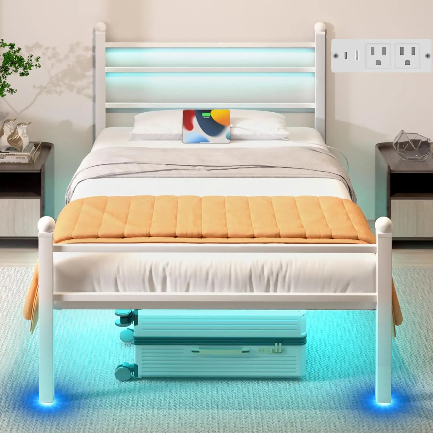 

LED Twin Bed Frame with Charging Station, Metal Platform, Noise-Free, Easy Assembly, White