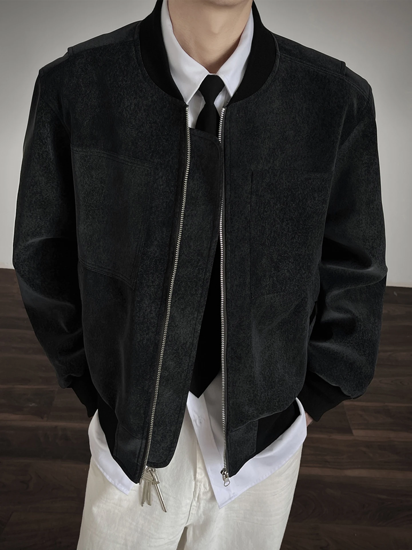 

American Dyed Jaet Men's Autumn Trendy Vintage Waed Loose Casual Top Zipper Closure Baseball Collar Outerwear