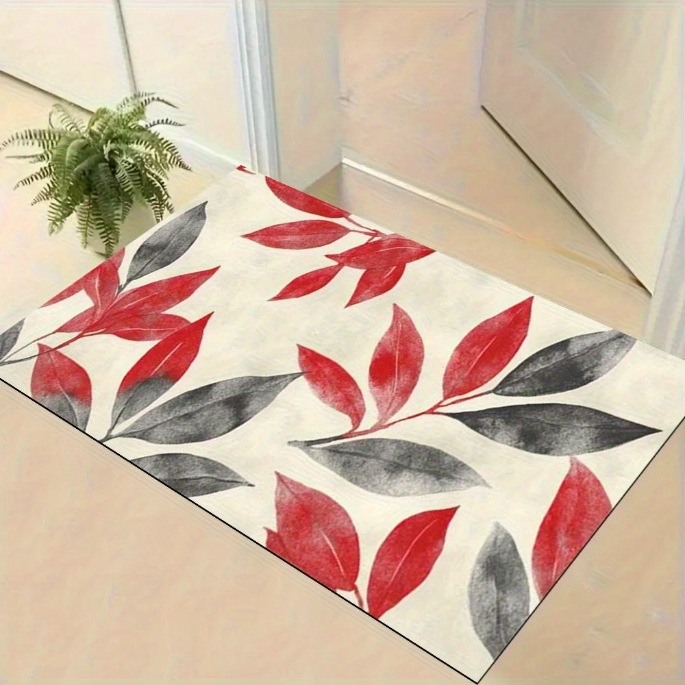 1pc Red and gray leaf patterned rug - machine washable polyester, suitable for bedroom and living room décor.