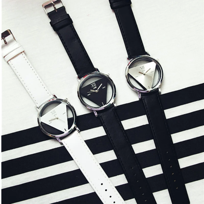 Reloj de pulsera de cuero para mujer, cronógrafo de cuarzo con forma de triángulo hueco, diseño creativo, sencillo y novedoso, color blanco y negro