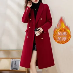 Red Woolen Coat 2025 Autumn Winter New Fashion Temperament with cotton Thicken Wool Coats Female Slim Casual Warm Long Overcoat