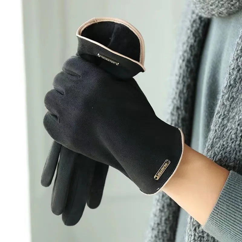 Waterproof Gloves Gants Mittens Suede Leather Gloves Women Cute Furry Winter Warm Vintage Plush Touchscreen Full Finger Outdoor