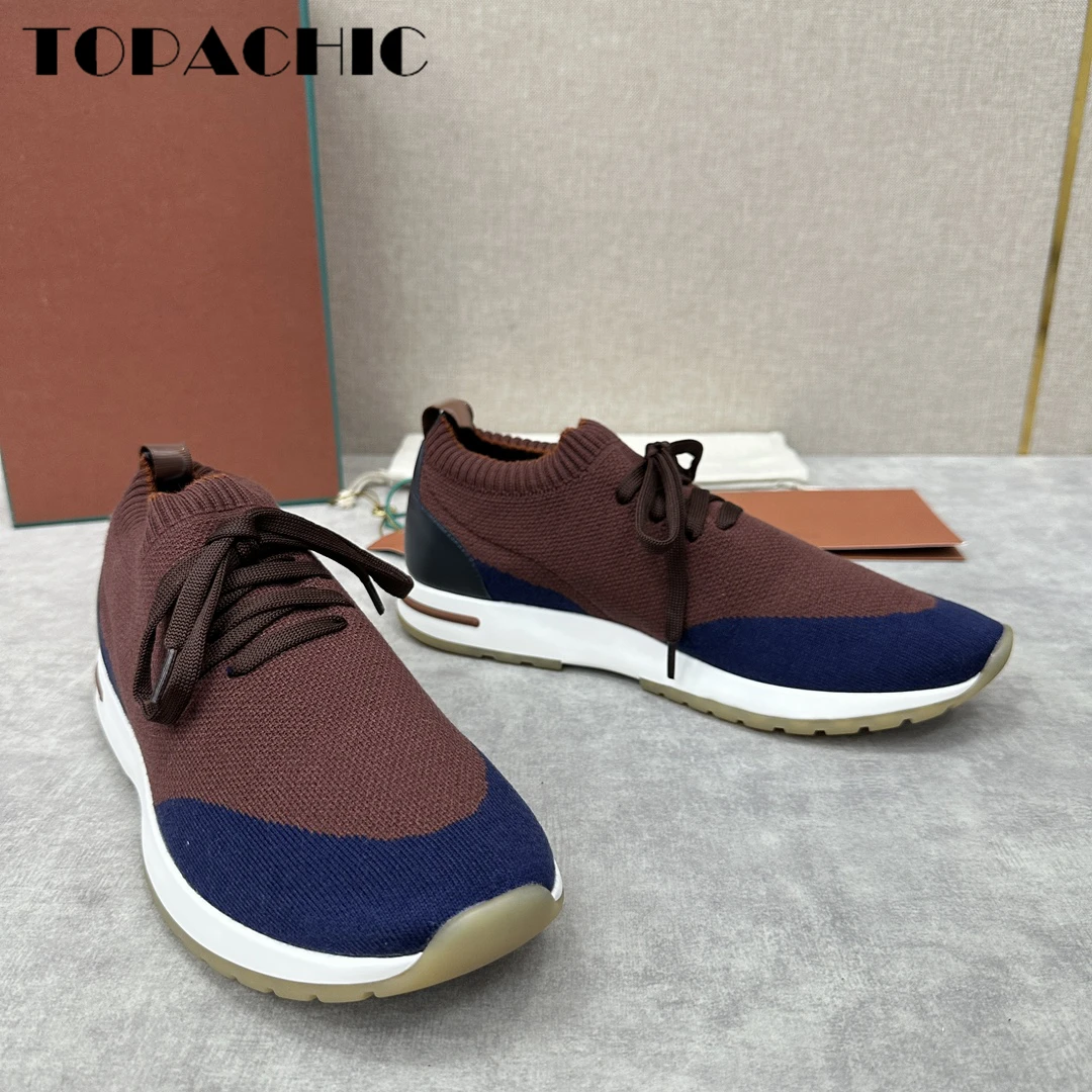 12.5 TOPACHIC Men\'s Knitted Breathable Comfortable Casual Shoes Lace-Up Solid Color Flat Sneakers Walking Shoes