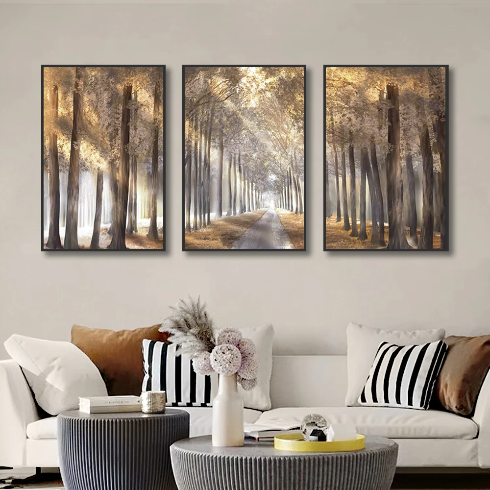 Golden Light Passing Through Trees Forest Canvas Painting Charming Landscape Pictures Wall Art Posters and Print for Living R