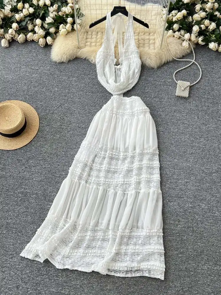 

French Beach Two Piece Sets Women Summer Sexy Deep V-neck Hanging Neck Backless Top Lace Patchwork High Waist Skirt Outfits