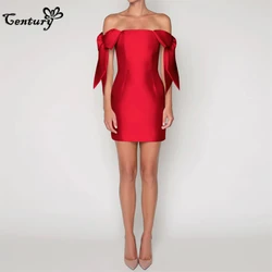 Red Saudi Arabic Prom Dress Short Big Bow Above Knee Off Shoulder Mini Dubai Formal Evening Dresses for Women Customized