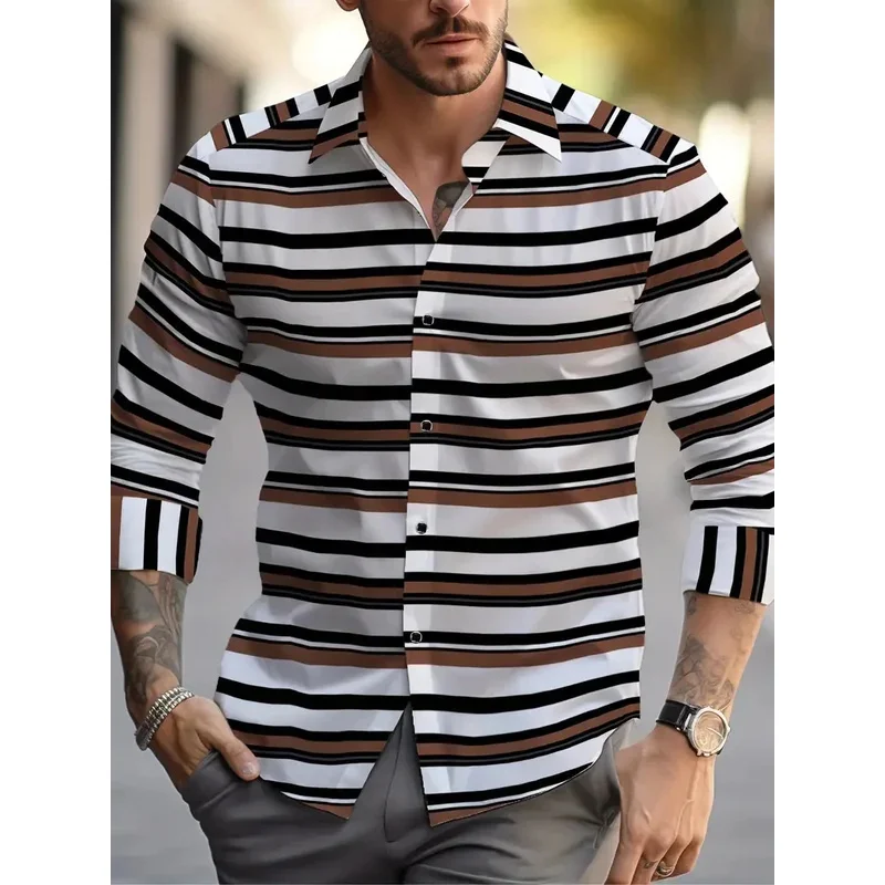 New men's classic striped checkered long sleeved shirt, men's classic red casual fashion flower top shirt