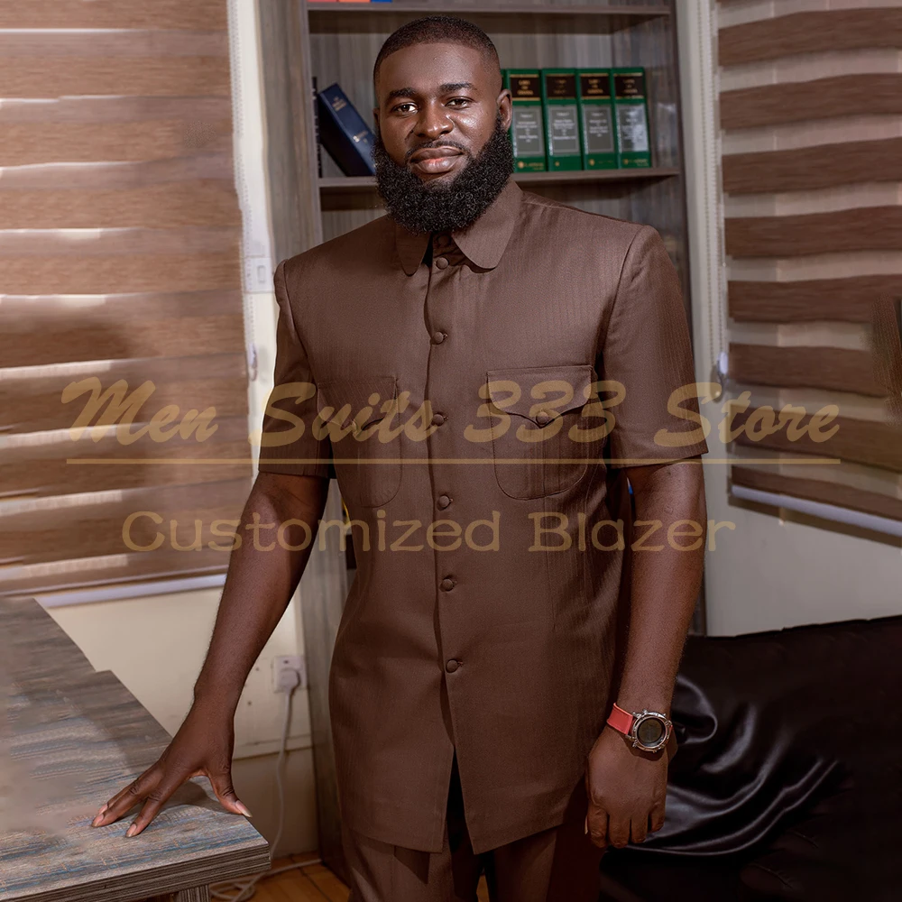 

Customized Brown Short Sleeve Men's Suits Summer Single Brasted Stand Lapel Male Clothing Elegant 2 Piece Jacket Pants Costume
