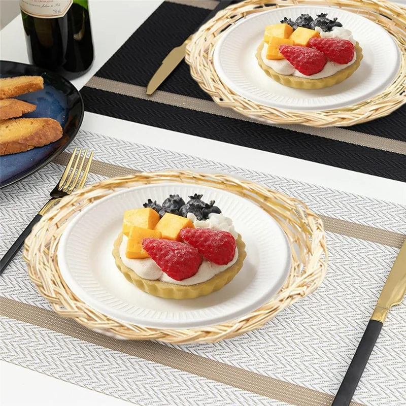 

AS94-8 Pack Bamboo Paper Plate Holders, 10 Inches Reusable For Dinner Plates Hand Woven Wicker Paper Plate Baskets