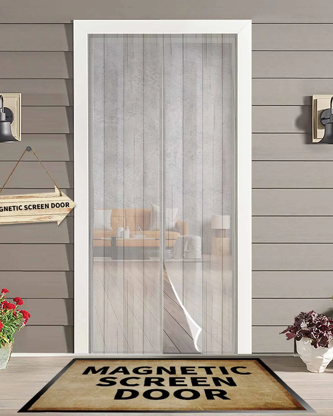 

White Distressed Wood Plank Magnetic Door Curtain Living Room Bedroom Home Anti-mosquito Screen Door Curtain