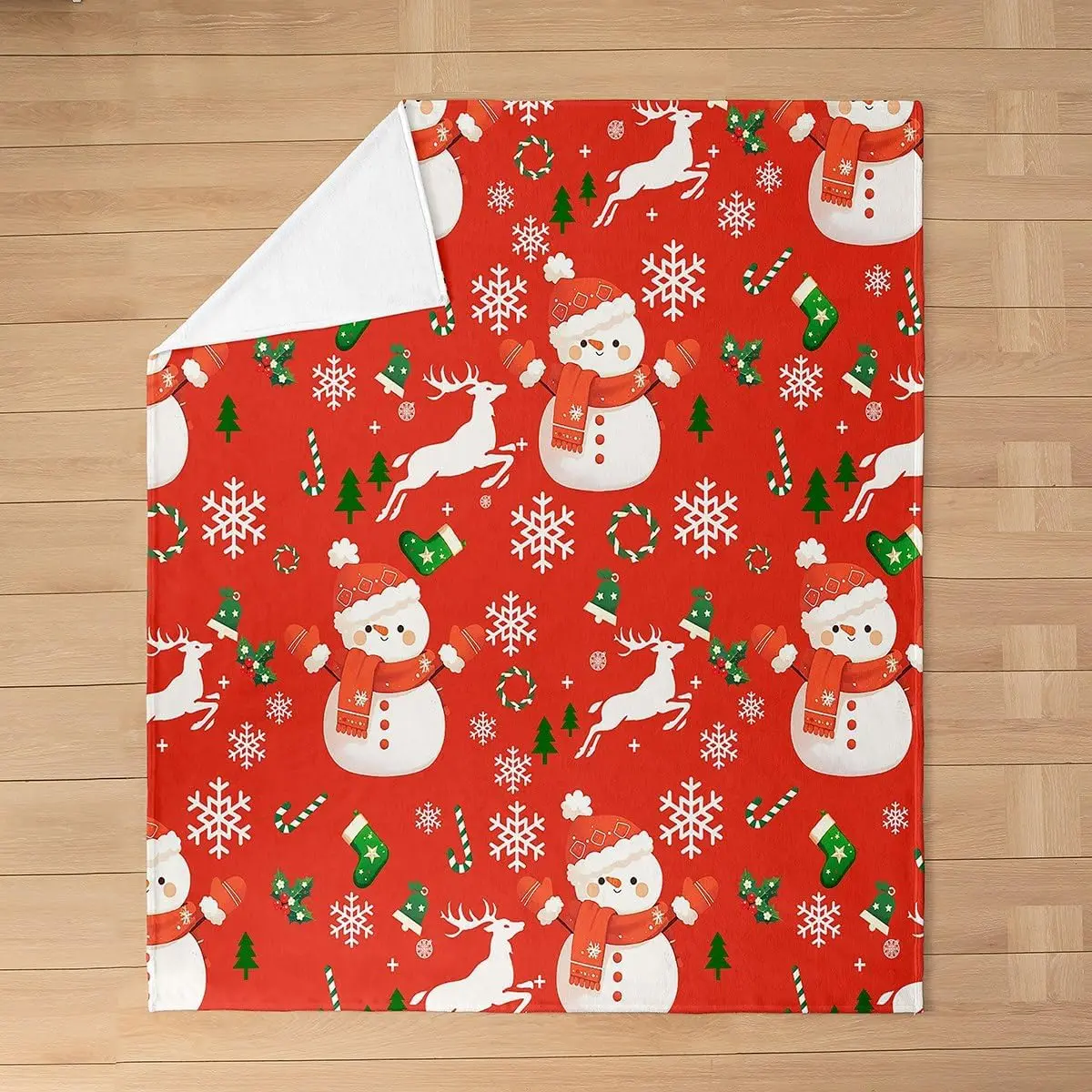Red Christmas Plush Throw Blanket Cartoon Deer Snowman Flannel Blanket Throw New Year Red All Season Xmas Decor for Couch Bed