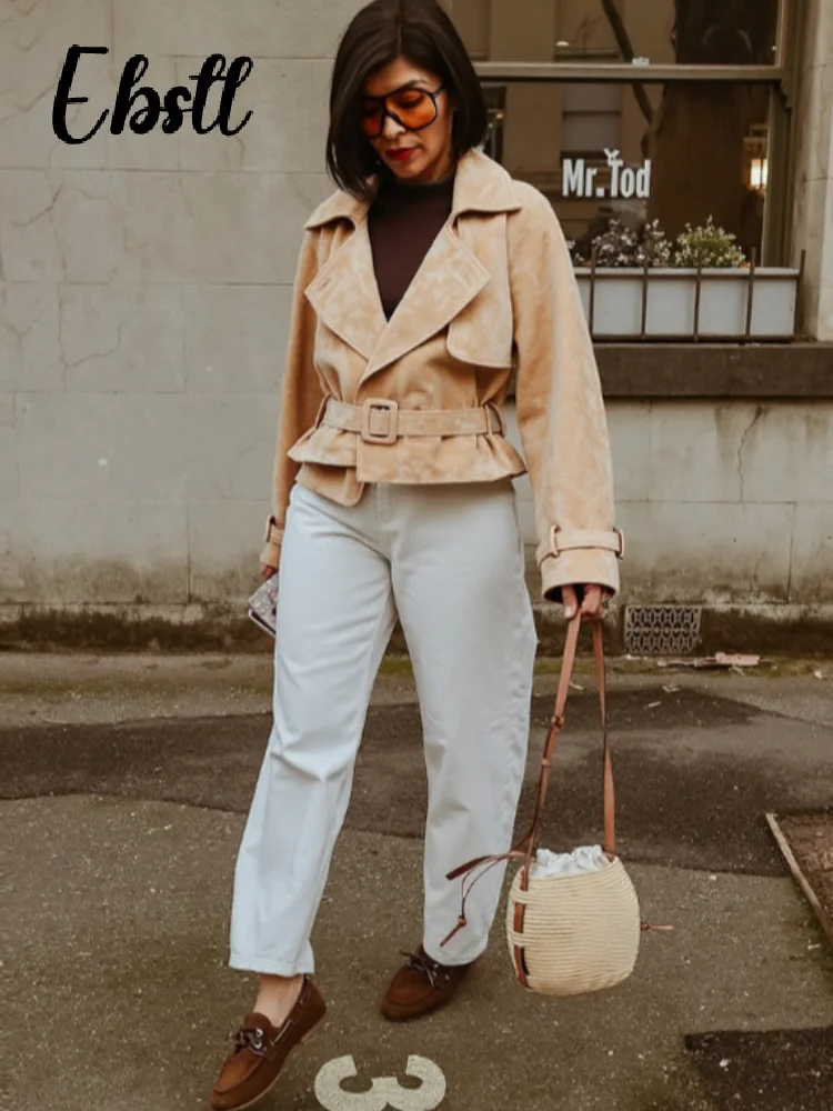 

Короткая куртка цвета хаки с поясом и лацканами, осень-зима 2024, новые женские пальто на шнуровке с отложным воротником, женские повседневные топы, уличная одежда