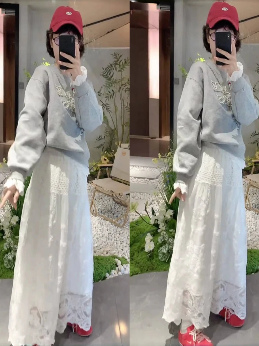 Ele Lace Splice A-Line  Skirt Women's Faion Slimming Design White f-length Skirt Casual Straight Tube Summer Thin