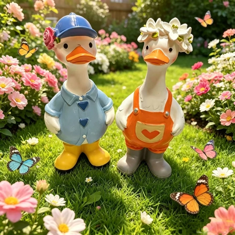 E28F Duck Garden Statue Resin Freestanding Figurine for Porch Balcony Tabletop Home Display with Playful Character Detail