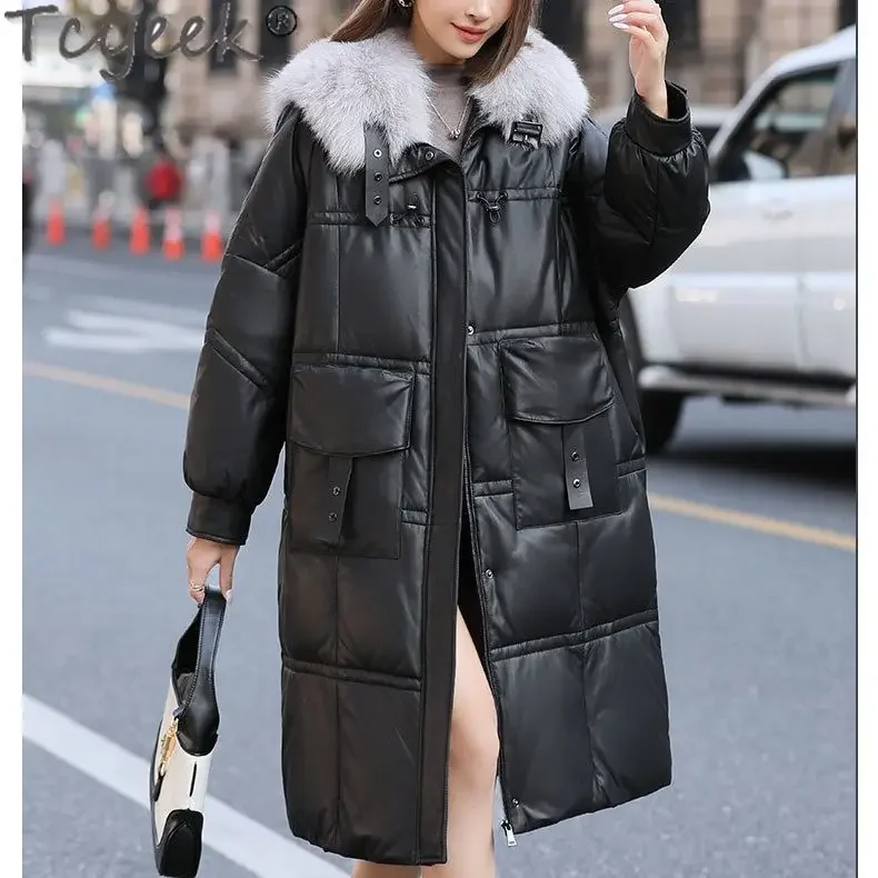 Tcyeek Genuine Leather Down Jacket Winter Jackets for Women Fox Fur Collar Mid-length Sheepskin Coat Womens Clothing Loose Fit