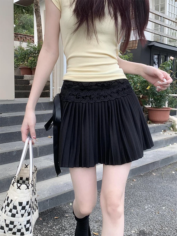 الصلبة الدانتيل مطوي تنورة الصيف عالية الخصر ألف خط تنورة موضة غير رسمية المرأة تنورة قصيرة 2025 الملابس الكورية
