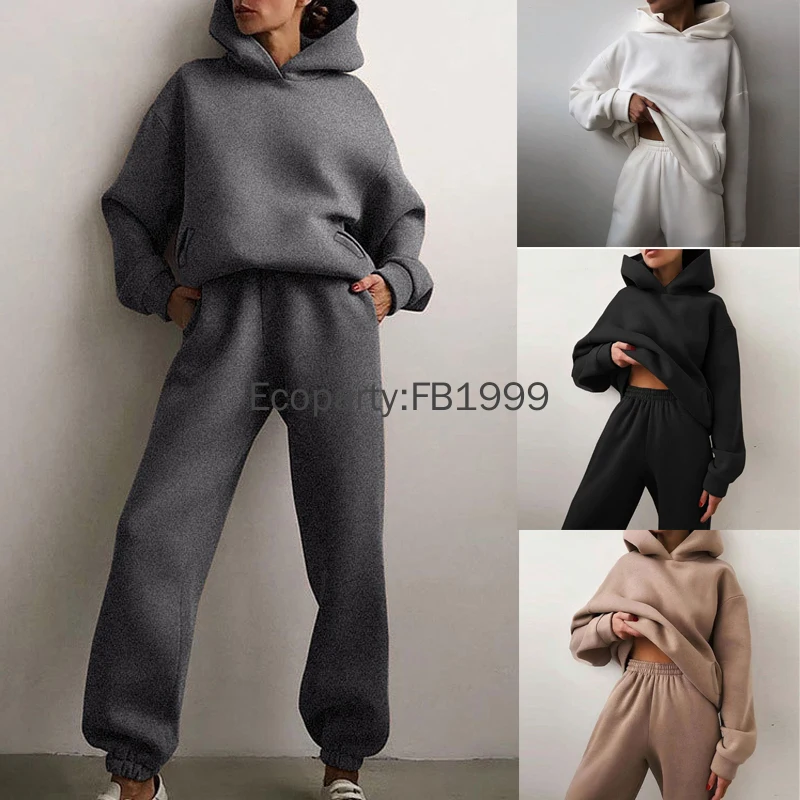 

Женский спортивный костюм из 2 предметов, весенне-осенний модный повседневный костюм с капюшоном, женские однотонные свободные теплые пуловеры, комплекты брюк