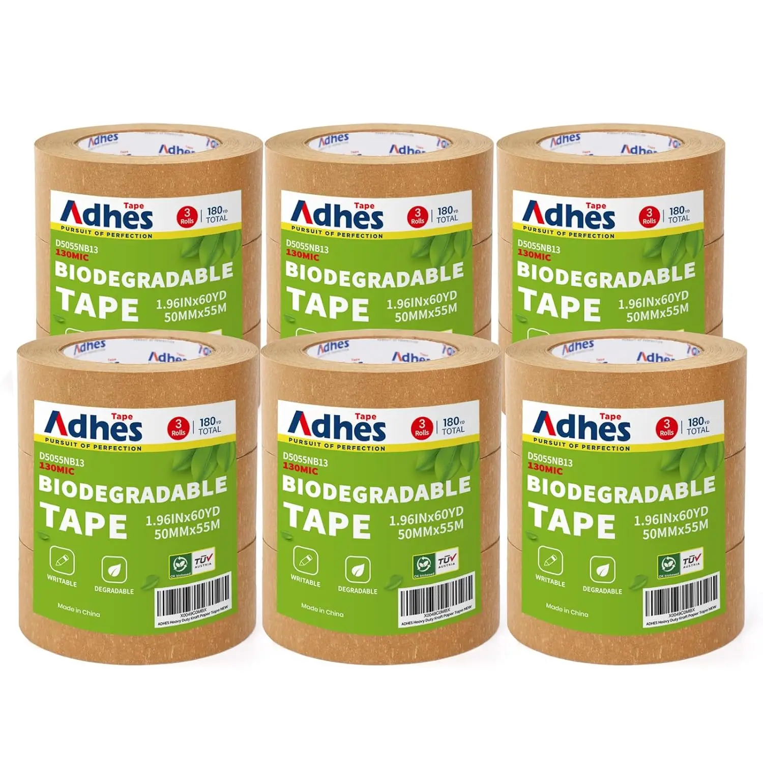 

ADHES Kraft Paper Tape, 2 Inch x 60 Yards x 18 Rolls, Biodegradable Paper Packing Tape Writable & Uncoated Brown Shippin