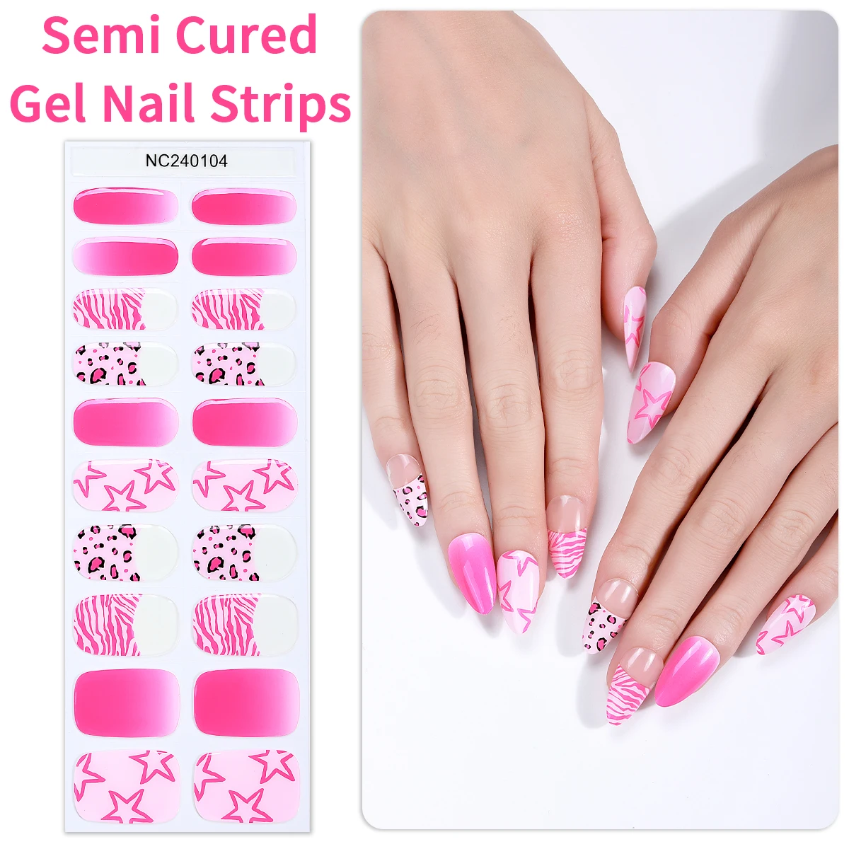 

20Tips Glitter French Semi Cured Nail Gel Strips Y2K Star Gel Nail Stickers for Women New Year Adhesive Full Cover DIY Manicure