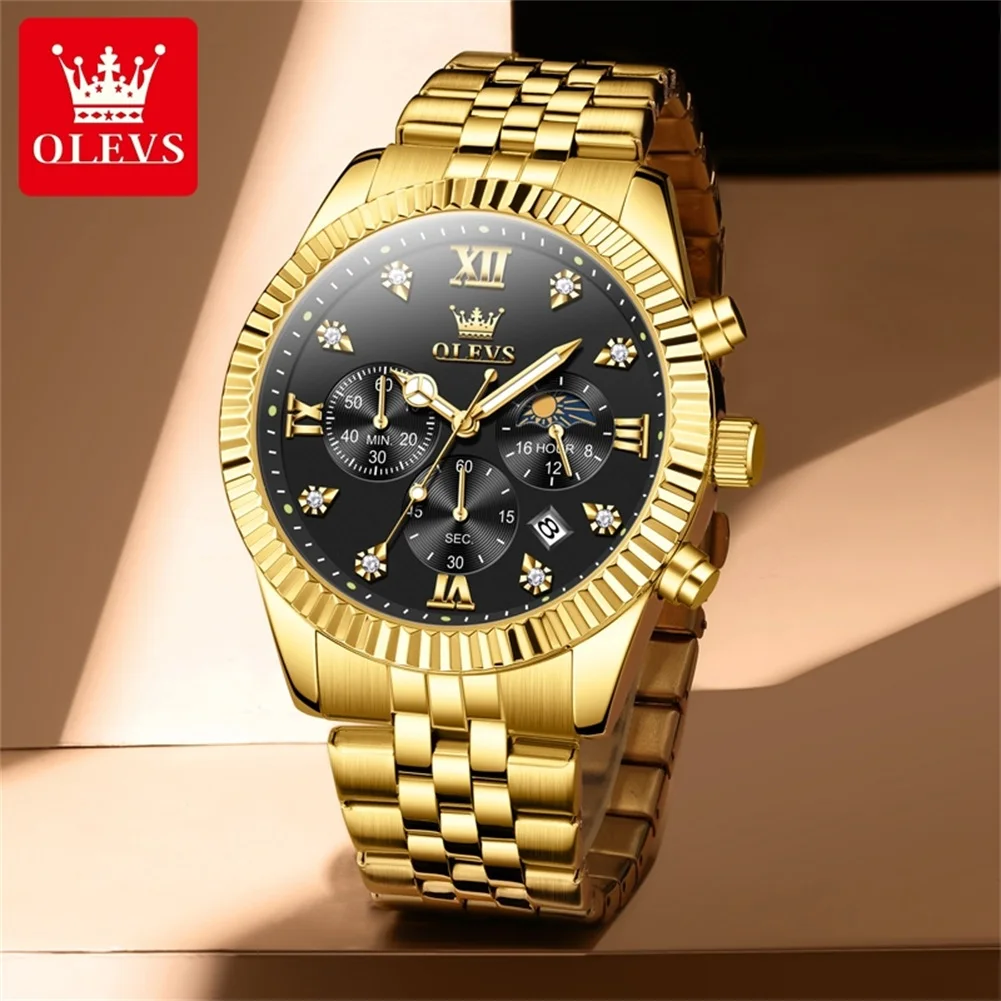 OLEVS Brand Luxury Gold Black Quartz Watch for Men Stainless Steel Waterproof Luminous Date Week Fashion Men Watches Reloj Hombr