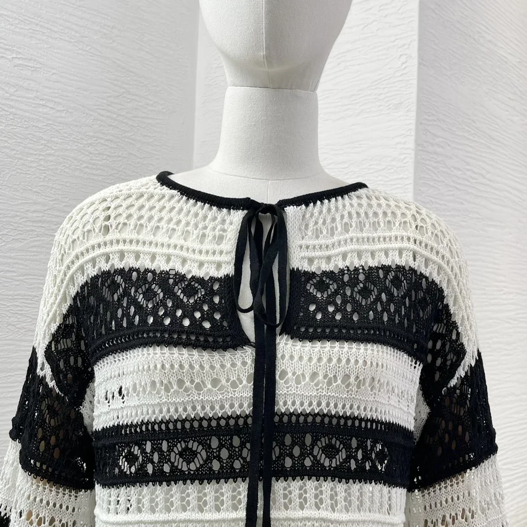 Domedeer-Conjunto feminino casual de duas peças listrado preto e branco, tricô oco, blusa de manga longa e saia midi, terno primavera e outono 2022