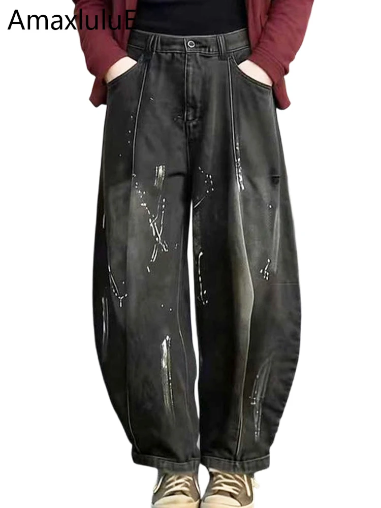 

Amax LuluE 2026 Summer Vintage Jeans Womens Leisure Loose Elastic Waist Denim Pants Ladies British Fashion Loose Punk Trousers